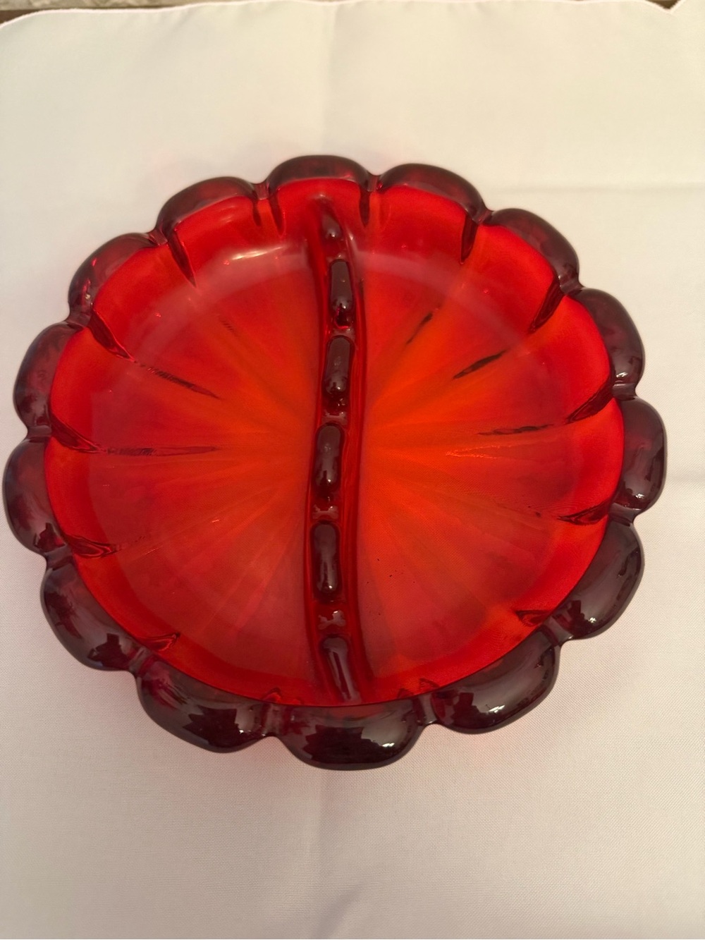Vintage Viking Glass Ashtray Ruby Red Round Scalloped Edges Mid Century Modern